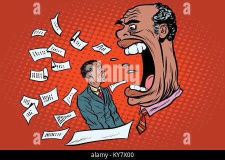 African boss yells at a subordinate. work and business. Pop art retro vector illustration Stock Vector
