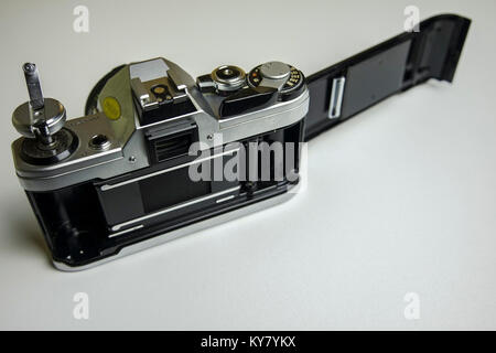 Vintage 35mm Film Camera With Film Compartment Open Stock Photo