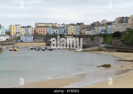 An image of the colourful Tenby Harbour and pastel colored Buildings shot at Tenby, Pembrokeshire, South Wales, UK. Stock Photo