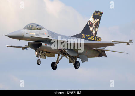 General Dynamics F-16 Fighting Falcon of 1 Squadron Belgian Air Component Air Force. Special tail scheme skull. Landing Stock Photo