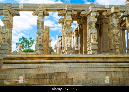 Carved stone Pillars in the beautiful Lepakshi temple in Andra Pradesh. Stock Photo