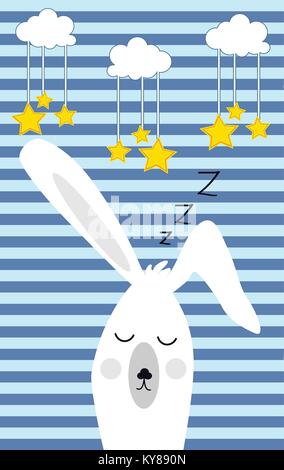 Cute Bunny sleep under hanging clouds and stars Stock Vector