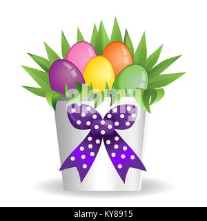 Easter bouquet box vase present with flower and colorful eggs Stock Vector