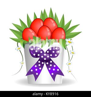 Easter bouquet box vase present with red eggs and daisy flowers Stock Vector