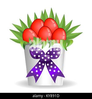 Easter bouquet box vase present with red eggs Stock Vector