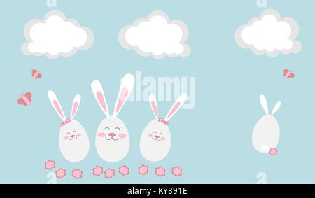 Easter Bunnies, Eggs, Clouds, Butterflies, Flowers Stock Vector