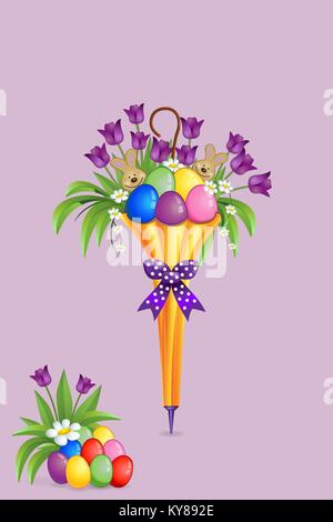 Easter decoration in closed umbrella with flowers eggs and bunnies like vase - stands vertical Stock Vector
