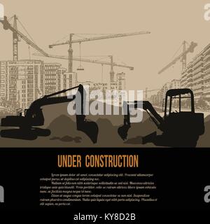 Under construction concept with excavator, buildings and cranes, vector illustration Stock Vector