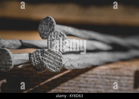 Extreme Close-up of Nails Texture on Wood Stock Photo