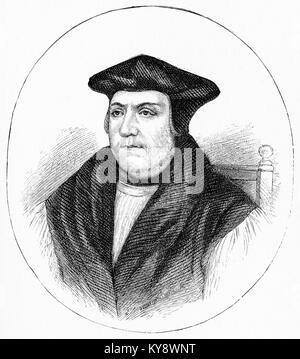 Engraving of Matthew Parker (1504 – 1575) Archbishop of Canterbury 1559 - 575. Influential theologian and co-founder (with Thomas Cranmer and Richard Hooker) of Anglican theology.. From Our English Bible by John Stoughton, circa 1900. Stock Photo