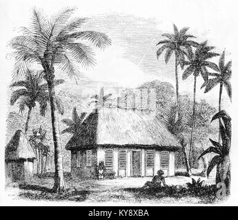 Engraving of a Mission House in the tropics. From an original engraving in the Harper's Story Books by Jacob Abbott, 1854. Stock Photo