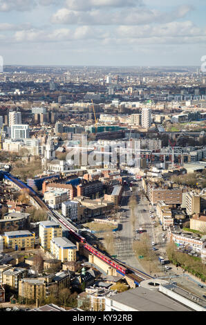 London, England - February 27, 2015: The view over Westferry DLR station and the East End of London from One Canada Square in the Docklands business d Stock Photo