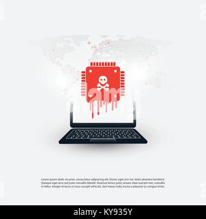 Laptop Equipped with a Processor Affected by Meltdown & Spectre Critical Security Vulnerabilities, Cyber Attacks, Password or Personal  Data Leak Stock Vector