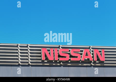 Nissan company name in front of dealership building on November 14, 2017 in Finestrat, Spain Stock Photo