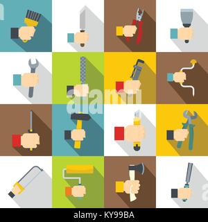 Hand tool icons set building. Flat illustration of 16 hand tool building vector icons for web Stock Vector