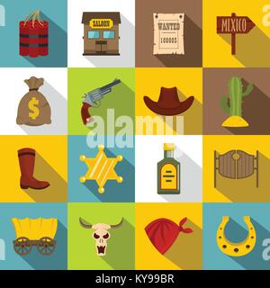 Wild west set design logo. Flat illustration of 16 wild west logo vector icons for web Stock Vector