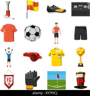 Soccer icons set football. Cartoon illustration of 16 soccer football vector icons for web Stock Vector