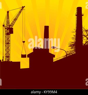 Urban construction with lifting crane on the rising Sun background Stock Vector