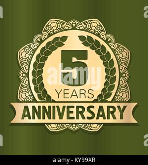 Vintage anniversary 5 years round emblem. Retro styled vector decor in gold tones on dark green background. Stock Vector