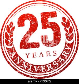 Vintage anniversary 25 years round grunge round stamp. Retro styled vector illustration in red tones. Stock Vector