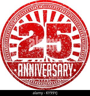 Vintage anniversary 25 years round grunge round stamp. Retro styled vector illustration in red tones. Stock Vector