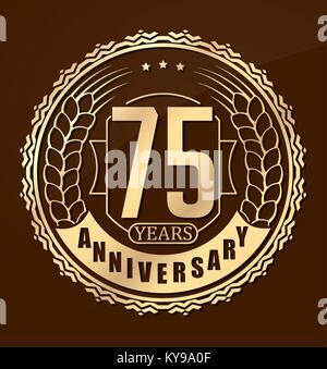 Vintage anniversary 75 years round emblem with ears. Retro styled vector background in gold tones Stock Vector