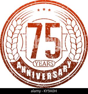 Vintage anniversary 75 years round grunge round stamp. Retro styled vector illustration in red tones. Stock Vector