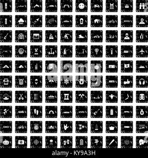 100 adventure icons set in grunge style isolated vector illustration Stock Vector