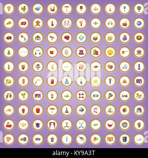 100 amusement icons set in cartoon style on purple background vector illustration Stock Vector