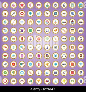 100 applications icons set in cartoon style on purple background vector illustration Stock Vector