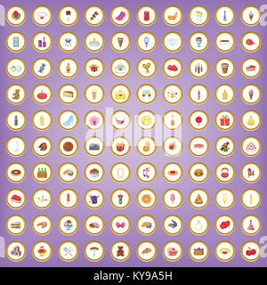 100 birthday party icons set in cartoon style on purple background vector illustration Stock Vector