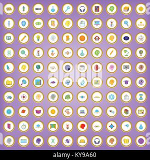 100 brainstorm icons set in cartoon style on purple background vector illustration Stock Vector