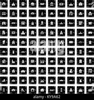 100 building icons set in grunge style isolated vector illustration Stock Vector