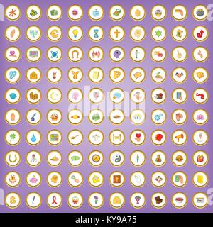 100 charity icons set in cartoon style on purple background vector illustration Stock Vector