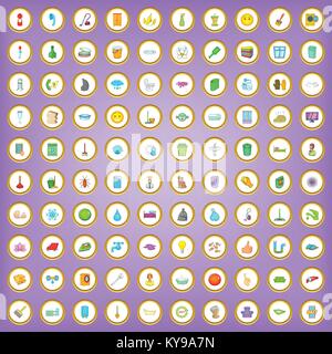 100 cleaning service icons set in cartoon style on purple background vector illustration Stock Vector