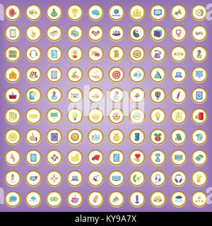 100 client support icons set in cartoon style on purple background vector illustration Stock Vector