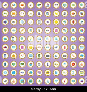100 computer network icons set in cartoon style on purple background vector illustration Stock Vector