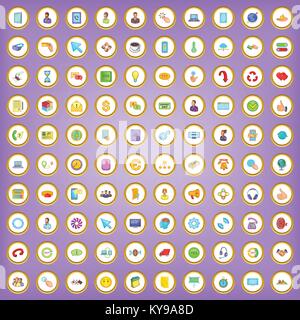100 connection icons set in cartoon style on purple background vector illustration Stock Vector