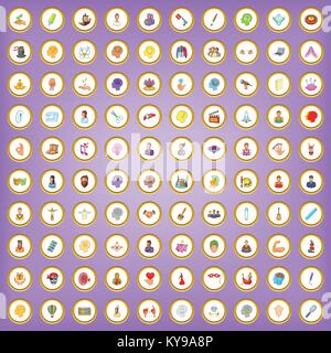 100 creative people icons set in cartoon style on purple background vector illustration Stock Vector