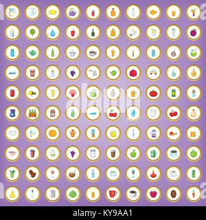 100 drink icons set in cartoon style on purple background vector illustration Stock Vector
