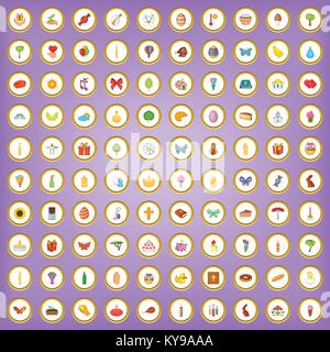 100 easter icons set in cartoon style on purple background vector illustration Stock Vector