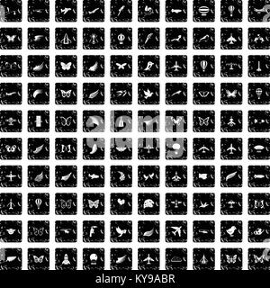 100 fly icons set in grunge style isolated vector illustration Stock Vector