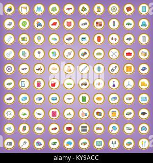 100 garage icons set in cartoon style on purple background vector illustration Stock Vector