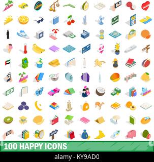 100 happy icons set in isometric 3d style for any design vector illustration Stock Vector