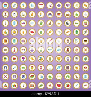 100 household icons set in cartoon style on purple background vector illustration Stock Vector