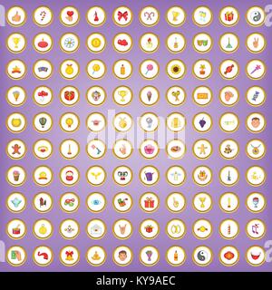 100 joy icons set in cartoon style on purple background vector illustration Stock Vector