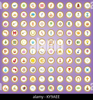 100 kindness icons set in cartoon style on purple background vector illustration Stock Vector
