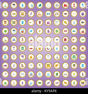 100 morning icons set in cartoon style on purple background vector illustration Stock Vector