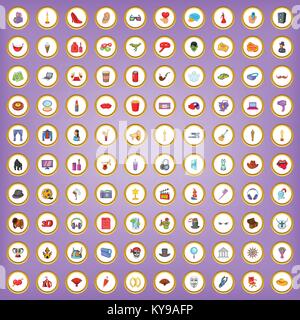 100 movie icons set in cartoon style on purple background vector illustration Stock Vector