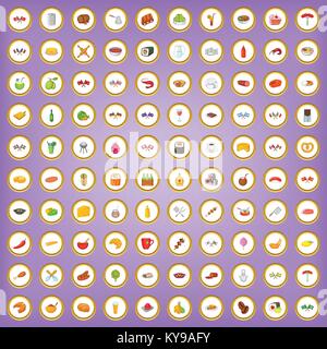 100 national cuisine icons set in cartoon style on purple background vector illustration Stock Vector